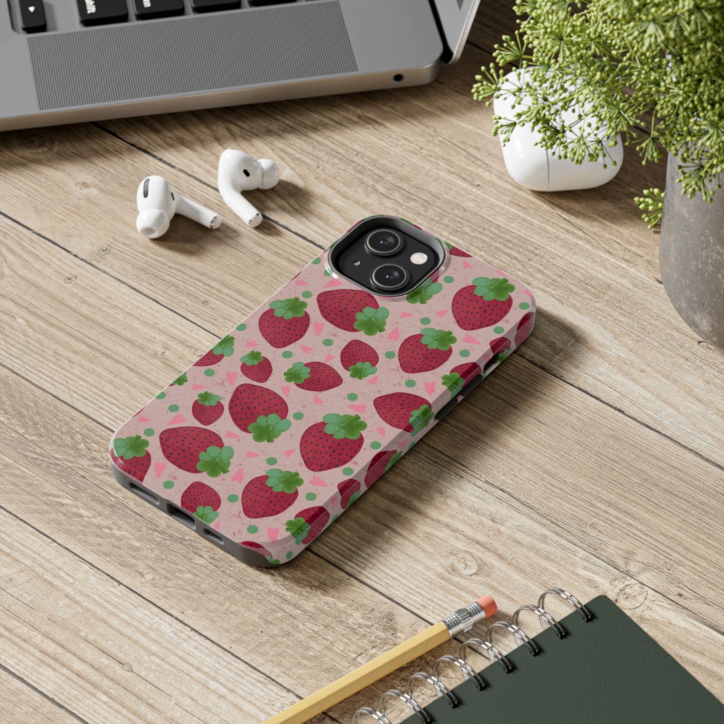 Strawberry Pattern Tough Phone Case — Cute Pink Fruit Protective Cover