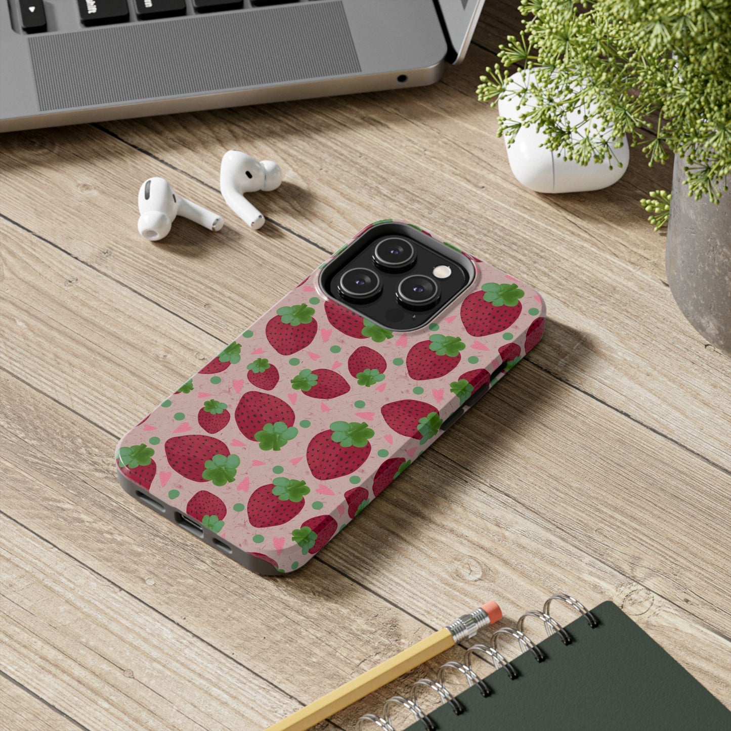 Strawberry Pattern Tough Phone Case — Cute Pink Fruit Protective Cover
