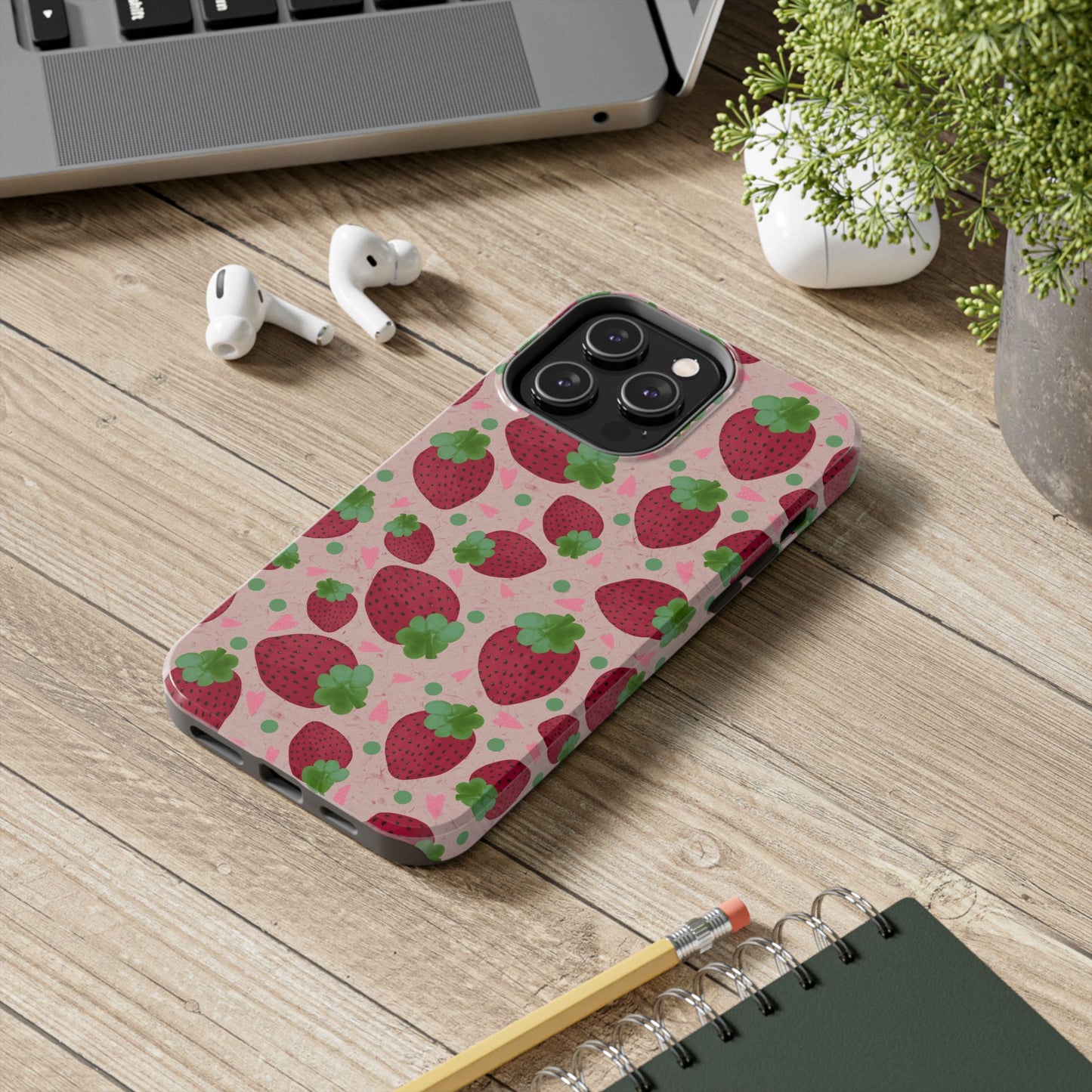 Strawberry Pattern Tough Phone Case — Cute Pink Fruit Protective Cover